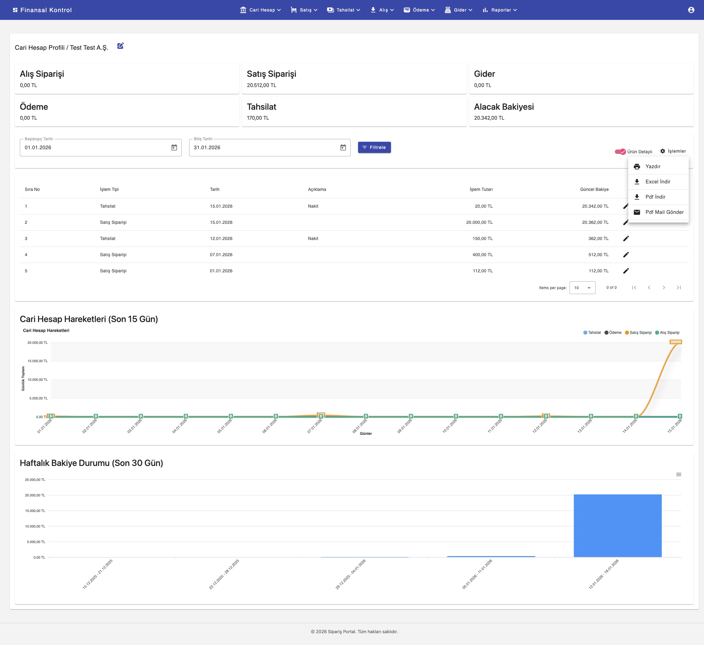 Cari Ekstresi ekranı