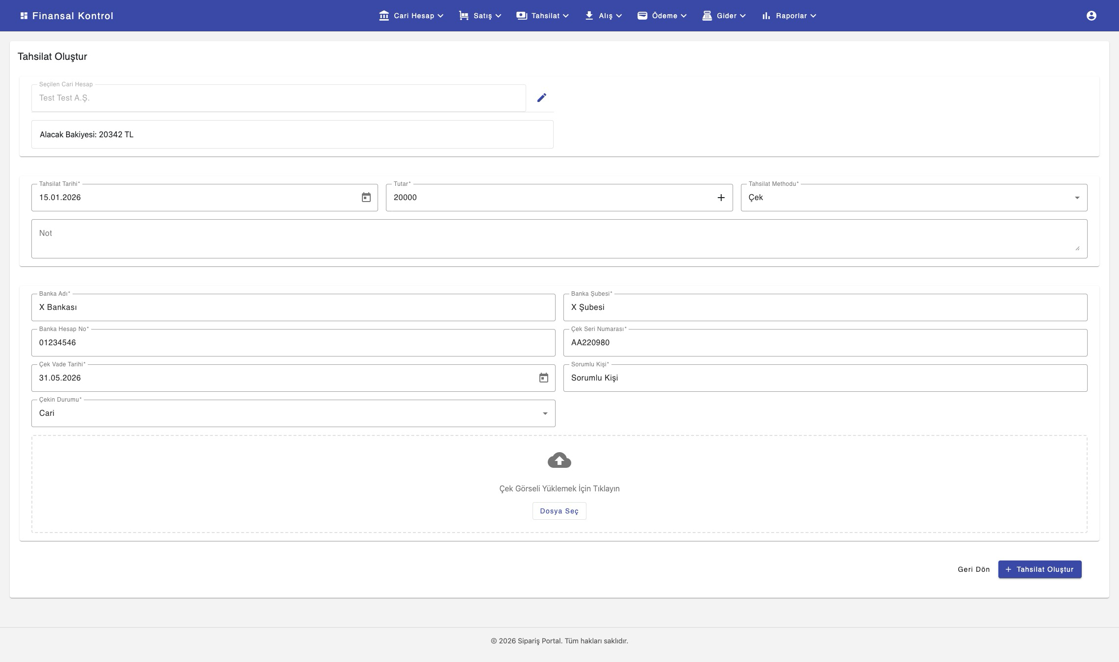 Tahsilat / Çek ekranı