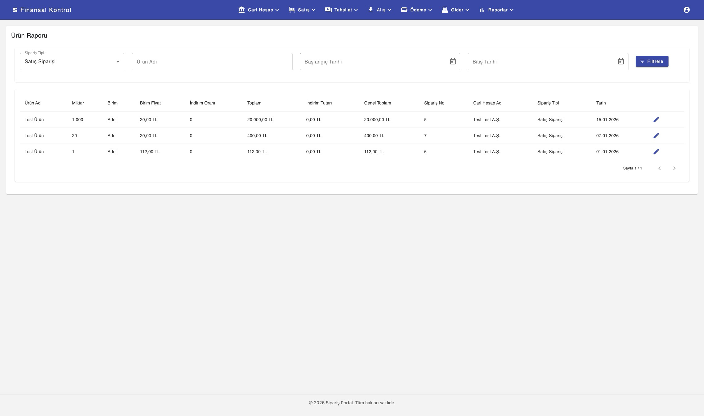 Ürün Rapor ekranı